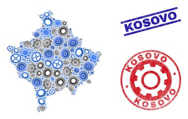 Cog Kolaj Vektör Kosova Haritası ve Grunge Seals