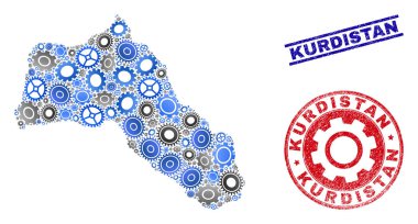 Endüstriyel Kompozisyon Vektör Kürdistan Haritası ve Grunge Pullar