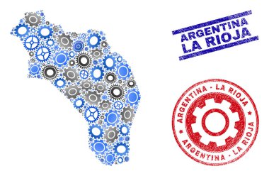 Arjantin Haritası ve Grunge Seals Cog Mozaik Vektör La Rioja