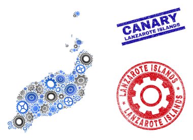 Çarkıfelek Mozaik Vektörü Lanzarote Adaları Haritası ve Grunge Damgaları