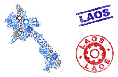 Endüstriyel Mozaik Vektör Laos Haritası ve Grunge Pulları