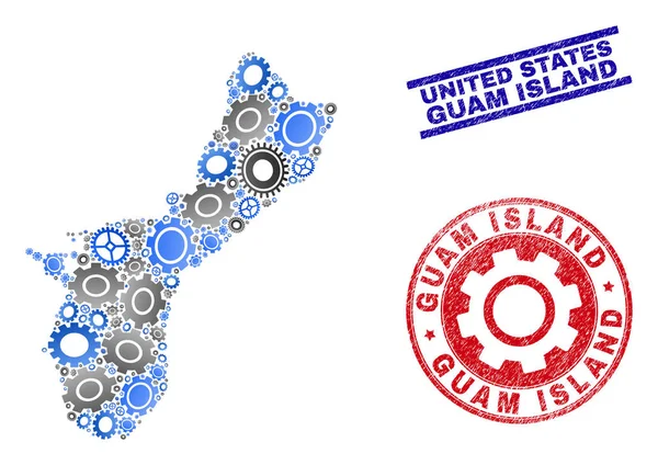 Mecánica Composición Vector Guam Island Mapa y Sellos Grunge — Vector de stock