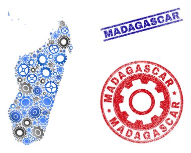 Endüstriyel Kompozisyon Vektör Madagaskar Ada Haritası ve Grunge Pullar