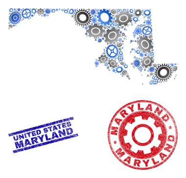 Wheel Mozaik Vektörü Maryland Eyalet Haritası ve Grunge Pulları