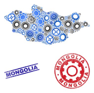 Wheel Mozaik Vektör Moğolistan Haritası ve Grunge Damgaları