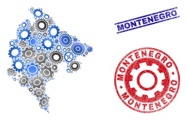 Dişli Kompozisyon Vektör Karadağ Haritası ve Grunge Seals