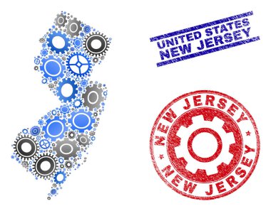 Endüstriyel Kolaj Vektör New Jersey Eyalet Haritası ve Grunge Pullar