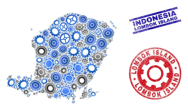 Mechanika kompozycji Vector Lombok Island map i grunge znaczki — Wektor stockowy