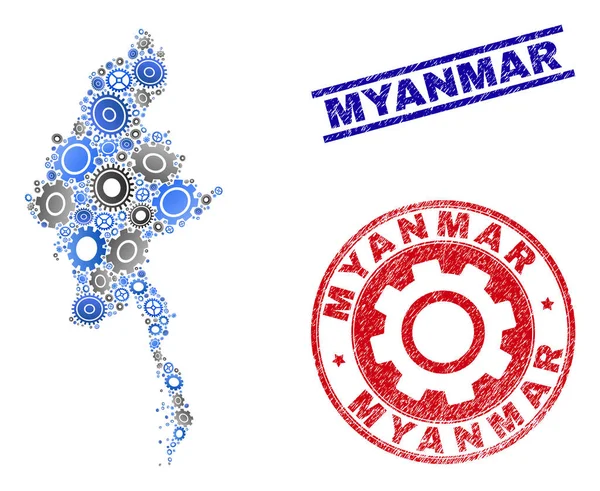 Cog Kolaj Vektör Myanmar Haritası ve Grunge Seals — Stok Vektör