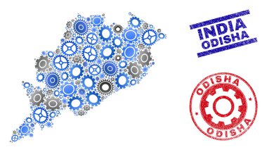 Endüstriyel Kolaj Vektör Odisha Devlet Haritası ve Grunge Pullar