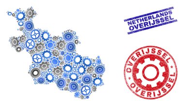 Atölye Bileşimi Vektörü Overijssel Vilayet Haritası ve Grunge Mühürleri