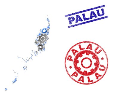 Dişli Mozaik Vektör Palau Haritası ve Grunge Pulları