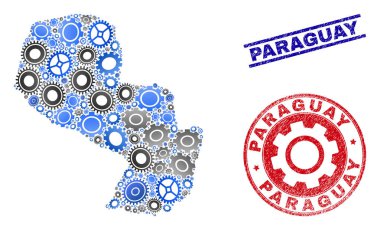 Dişli Mozaik Vektör Paraguay Haritası ve Grunge Seals