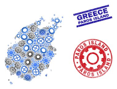 Dişli Kompozisyon Vektör Paros Ada Haritası ve Grunge Pullar