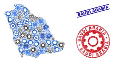 Mekanik Mozaik Vektör Suudi Arabistan Haritası ve Grunge Pullar