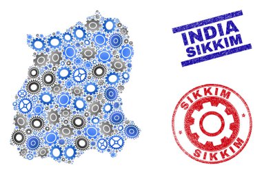 Tekerlek Mozaik Vektörü Sikkim Eyalet Haritası ve Grunge Pulları