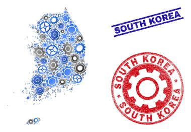 Dişli Mozaik Vektör Güney Kore Haritası ve Grunge Pullar
