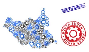 Tekerlek Kolajı Vektörü Güney Sudan Haritası ve Grunge Mühürleri