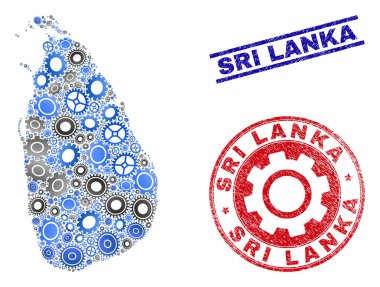 Mekanik Kolaj Vektör Sri Lanka Haritası ve Grunge Seals