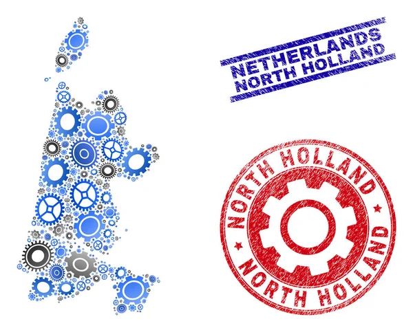 Composição Mecânica Vector North Holland Mapa e Grunge Seals — Vetor de Stock