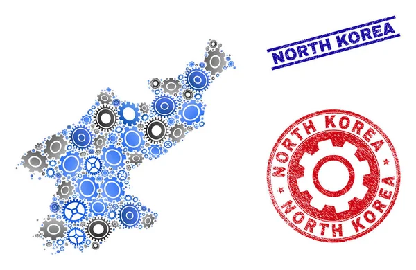 Gear Collage Vector North Korea Map and Grunge Stamps — Stock Vector