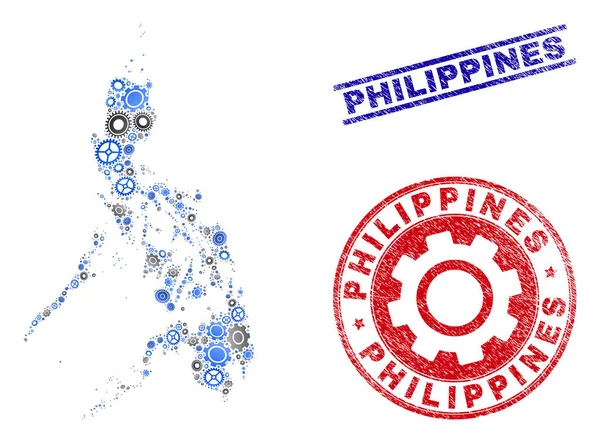 工业马赛克矢量菲律宾地图和格兰杰邮票 — 图库矢量图片