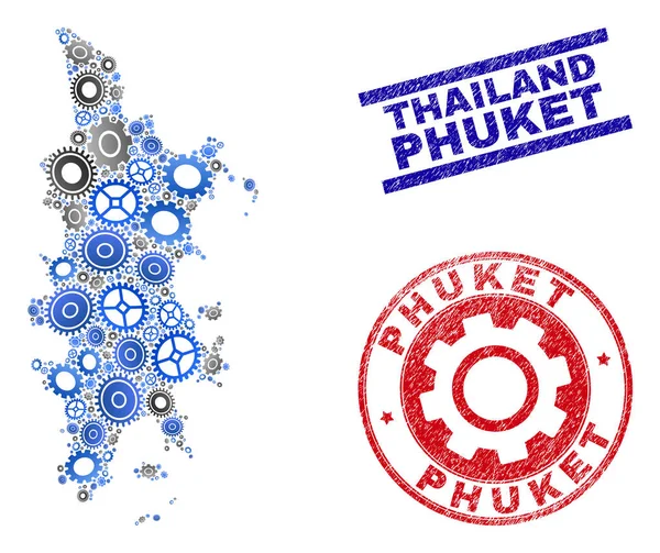 Cog Collage Vector Phuket Map e Grunge Stamps — Vetor de Stock