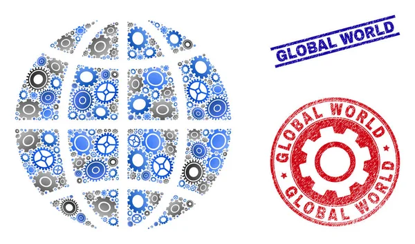 Gear Collage Vector Planet Globe and Grand Seals — стоковый вектор