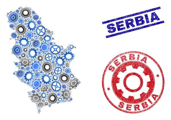 Mapa de Cog Mosaic Vector Serbia e Selos Grunge —  Vetores de Stock