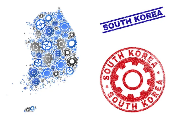 ギアモザイクベクトル韓国地図とグランジスタンプ — ストックベクタ