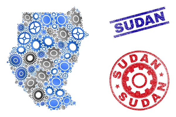 Endüstriyel Mozaik Vektör Sudan Haritası ve Grunge Pulları