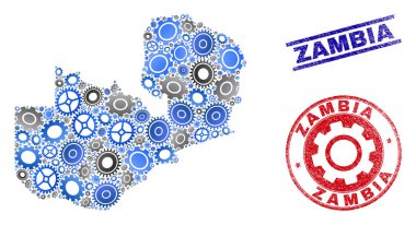 Atölye Kolajı Vektör Zambiya Haritası ve Grunge Mühürleri