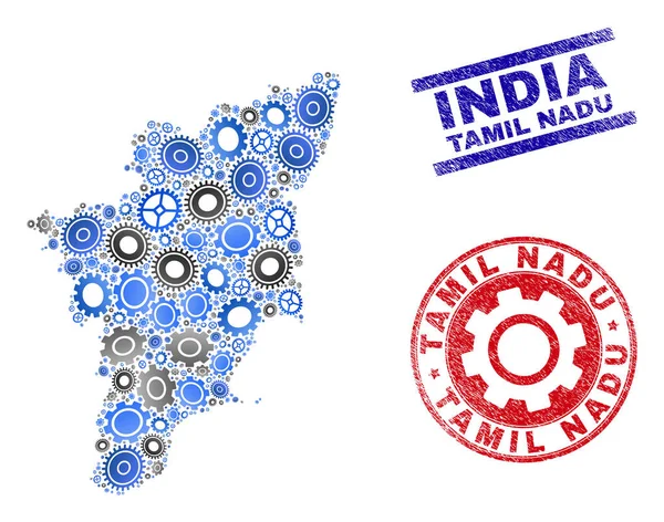 Mapa de Estado do Vetor de Composição de Engrenagem Tamil Nadu e Selos Grunge — Vetor de Stock