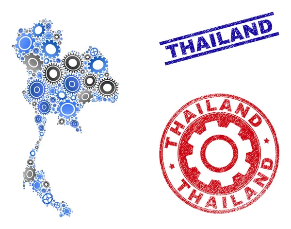 Gear mozaik Vector Thaiföld Térkép és grunge bélyegek — Stock Vector