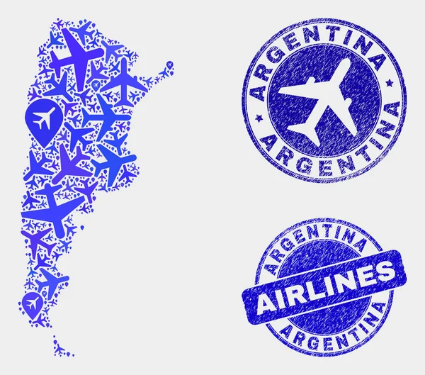 Airplane Collage Vector Argentína Térkép és grunge Seals — Stock Vector