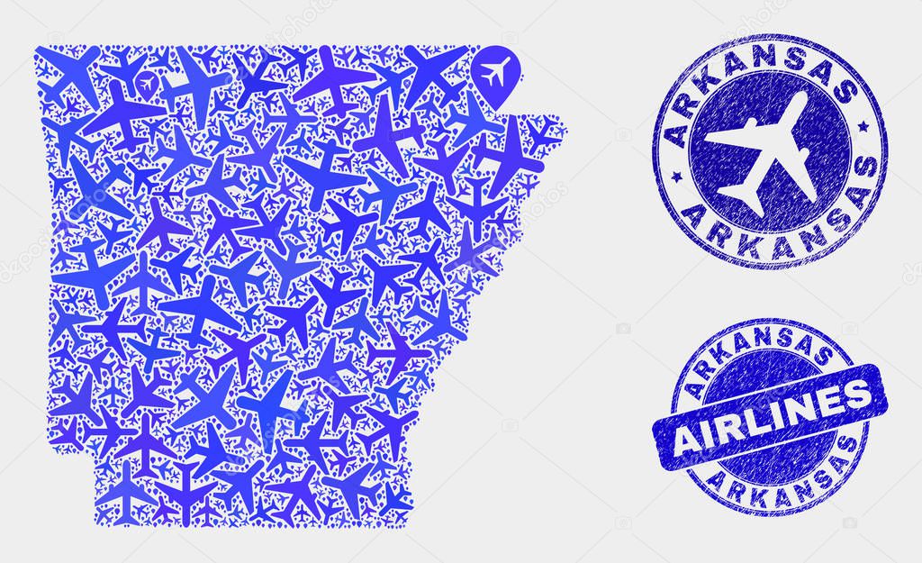 Airlines Composition Vector Arkansas State Map and Grunge Seals