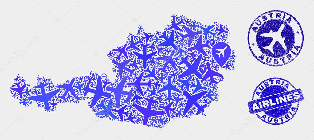 Airlines Composition Vector Austria Map and Grunge Stamps