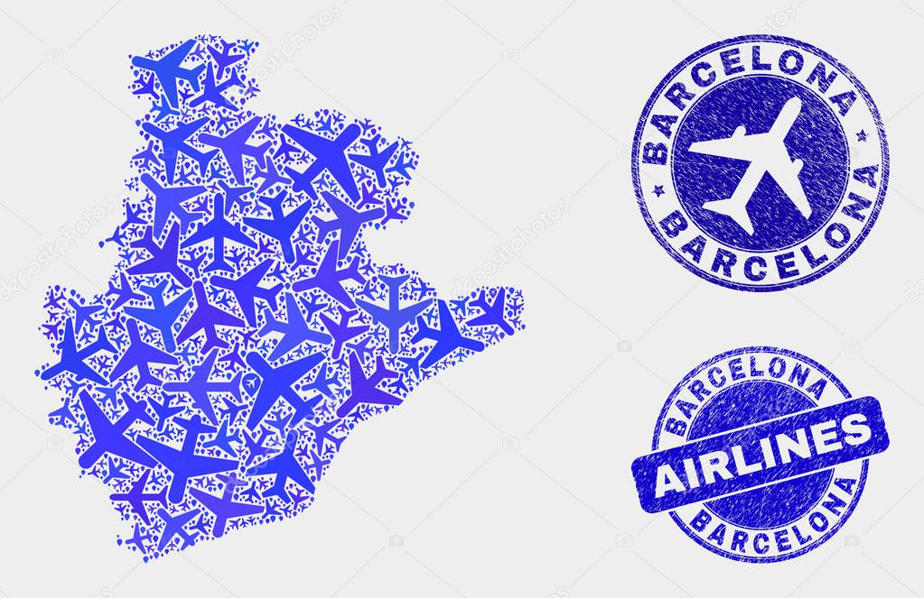 Air plane Mosaic Vector Barcelona Province Map and Grunge Seals