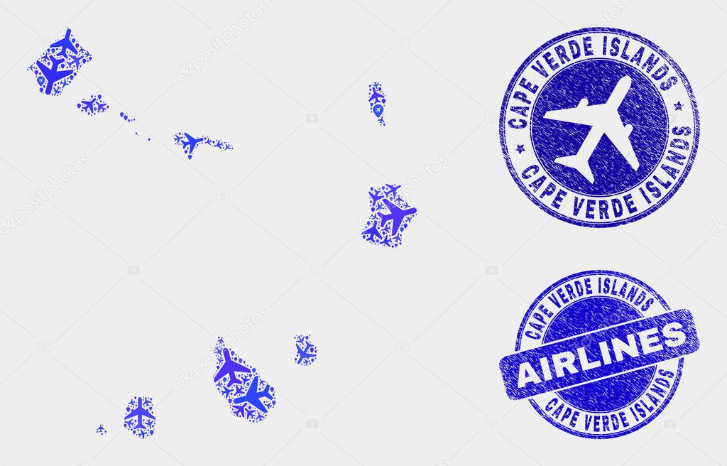 Aero Mosaic Vector Cape Verde Islands Map and Grunge Seals