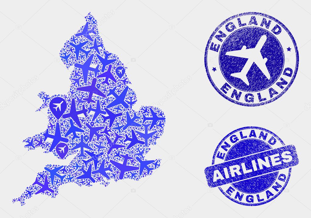 Aircraft Collage Vector England Map and Grunge Seals