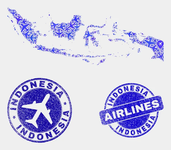 Repülőgép mozaik Vector Indonézia Térkép és grunge Seals — Stock Vector