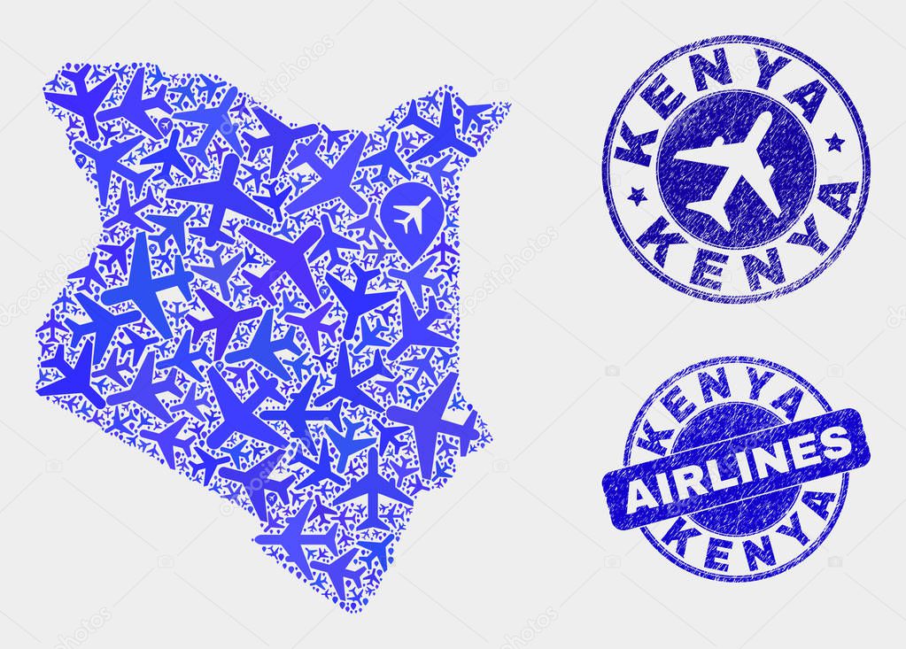 Air plane Collage Vector Kenya Map and Grunge Stamps