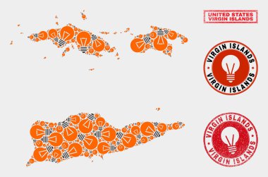 Elektrik Ampul Kolaj Amerikan Virgin Adaları Haritası ve Çizik Damga Mühürler