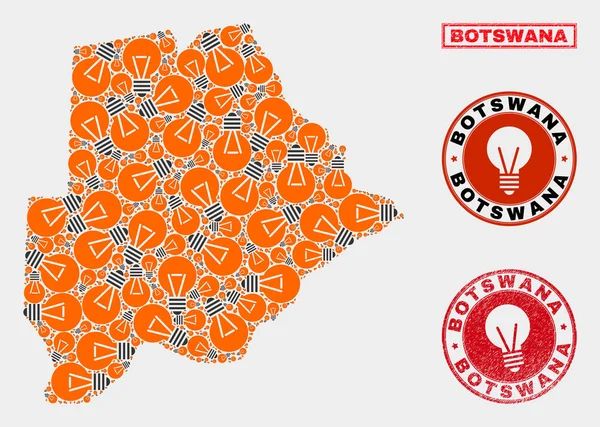 Electric żarówka mozaika Botswana Mapa i gumowe znaczki — Wektor stockowy