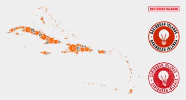 Aydınlatma Ampul Kolaj Karayip Adaları Haritası ve Kauçuk Mühürler