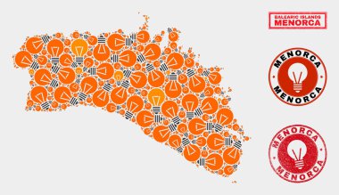Enerji Lambası Kolaj Menorca Adası Haritası ve Kauçuk Pullar