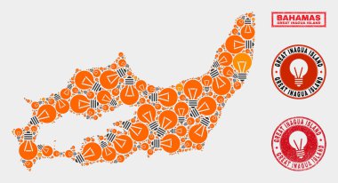 Işık Lamba kolaj Büyük Inagua Adası Haritası ve Grunge Pullar