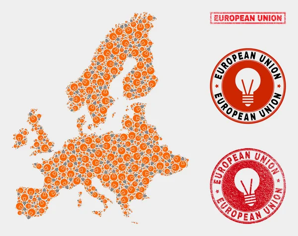 Ampoule électrique Collage Carte de l'Union européenne et cachets rayés — Image vectorielle