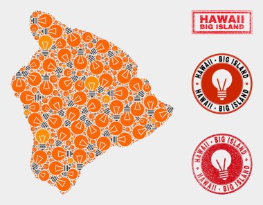 Enerji Lambası Mozaik Hawaii Büyük Ada Haritası ve Grunge Pullar