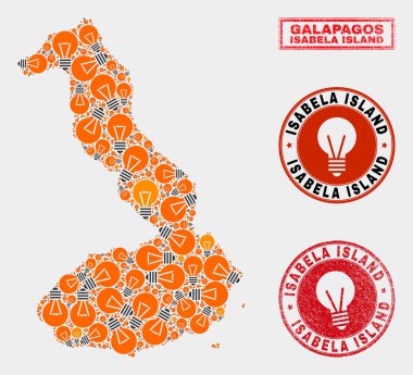 Galapagos Haritası ve Dokulu Damga Mühürler Elektrik Lambası Kolaj Isabela Adası